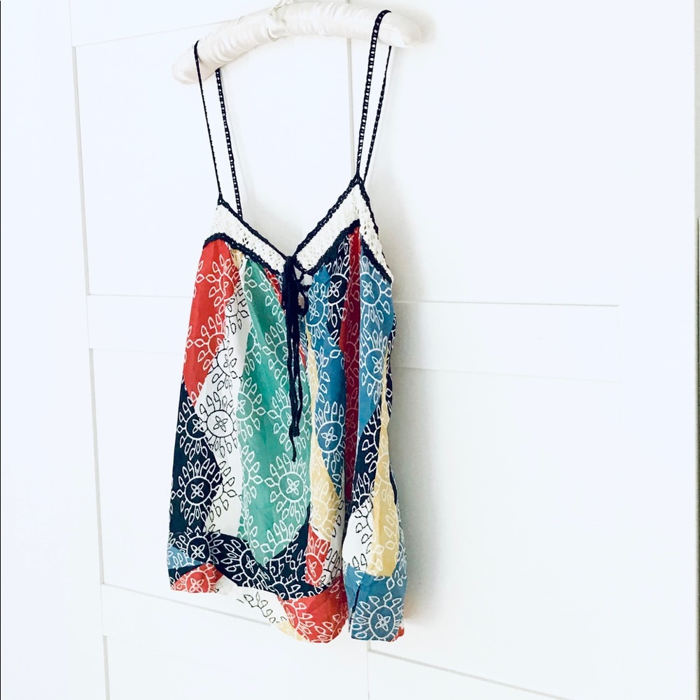 NWT BCBG Silk Navy Multicolor Boho Tank Top S - Picture 2 of 6